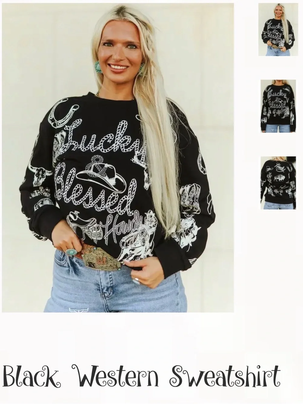 2X Lucky & Blessed Black Western Graphic Crewneck Sweater